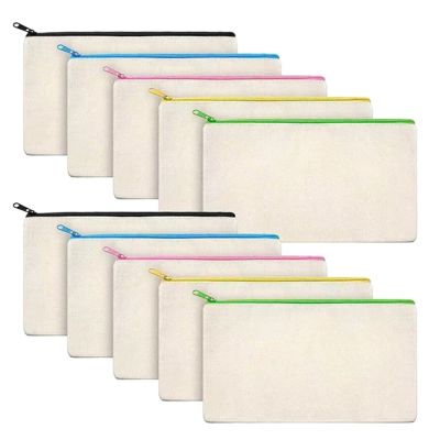 10Pcs Blank Canvas Zipper Pouch Makeup Bags/Small Pencil Pouch Multi-Purpose Travel Bags with Color Zipper for DIY Craft