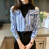 COD dhdfxcz Fake Two Pieces Chiffon Silk Blouse for Women Off Shoulder Top Cool Blue Stripe Cotton Satin Shirt Woman Particular Trends Youth