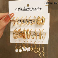 12Pcs Women Retro Pearl Butterfly Earrings Set Creative Snake-Shaped C-Shaped Simple Heart-Shaped Earrings