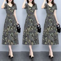 Foreign trade dress show thin covering 2022 summer new v-neck accept waist belly dress printed floral chiffon skirt woman 2022