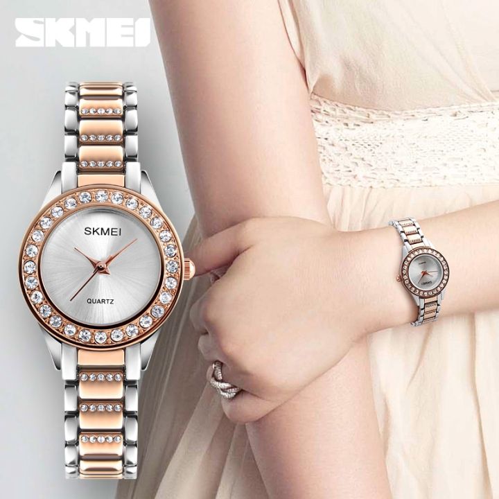 skmei-ที่เรียบง่ายหรูหราคริสตัลนาฬิกาข้อมือสตรีสุภาพสตรีสแตนเลสสายนาฬิกาควอตซ์นาฬิกา