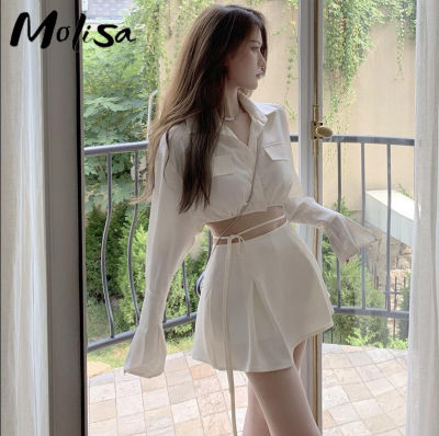 Molisa ชุด ผู้หญิง เซ็ต ชุดเซต2ชิ้น ชุดเชต2ชิ้นสวยๆ เสื้อแขนยาว+กระโปรง ชุดเซตแฟชั่นผญ เสื้อผ้าทวิต เดรสสั้น เกาหลี 2022 New 041401