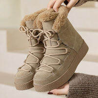 Chunky Snow Boots ฤดูหนาวผู้หญิง Warm Plush ข้อเท้า Booties วัว Suede Flat Lace Up Botas สุภาพสตรีรอบ Toe หนากลางแจ้ง Shoes