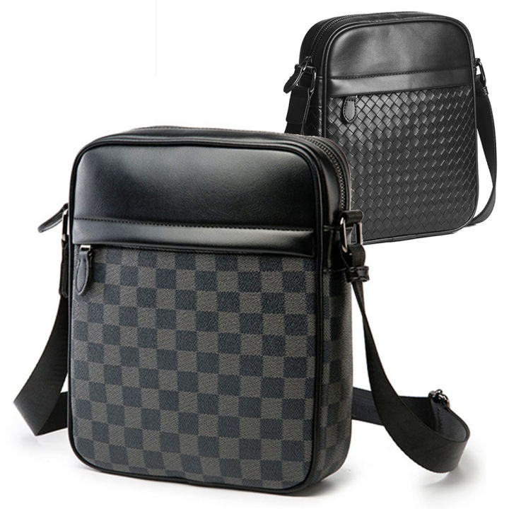 Checker Weave PU Leather Men Shoulder Bag Man Crossbody Bag Sling