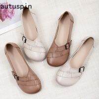 Autuspin Women Flats 2023 Summer Retro Ethnic Casual Shoes Females Outdoor Soft Soled Loafers Comfortable Shoes Split Leather