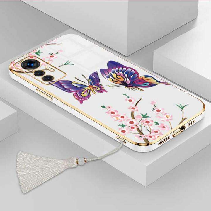 เคสสำหรับ-xiaomi-12-lite-หรูหราผีเสื้อที่สวยงามพร้อมกล้องดอกไม้เคสโทรศัพท์ขอบซิลิโคนอ่อนนุ่มฟรีสายคล้องชุบ