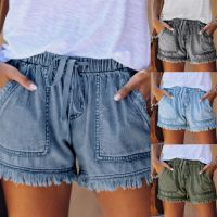 [พร้อม] กางเกงขาสั้นผู้หญิง Mid Rise Drawstring Summer Elastic Waist Tassel Denim Shorts For Dating