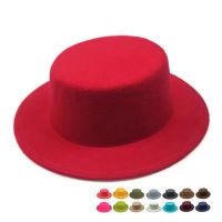 Solid Color Boater Fedora Hat Autumn Winter Imitation Woolen Bowler Hat Women Men Flat Top Felt Cap Trilby Elegant Lady Chapeu