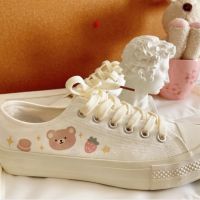 Womens Shoes kasut Sneakers lace ups Cute Bear High-Top Canvas Shoes White Shoes Free gift Doodle Hand Drawn Low-Cut