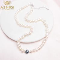 ASHIQI Real White Freshwater Pearl Necklace for Women with Pure 925 Sterling Silver Beads Handmade Jewelry Gift