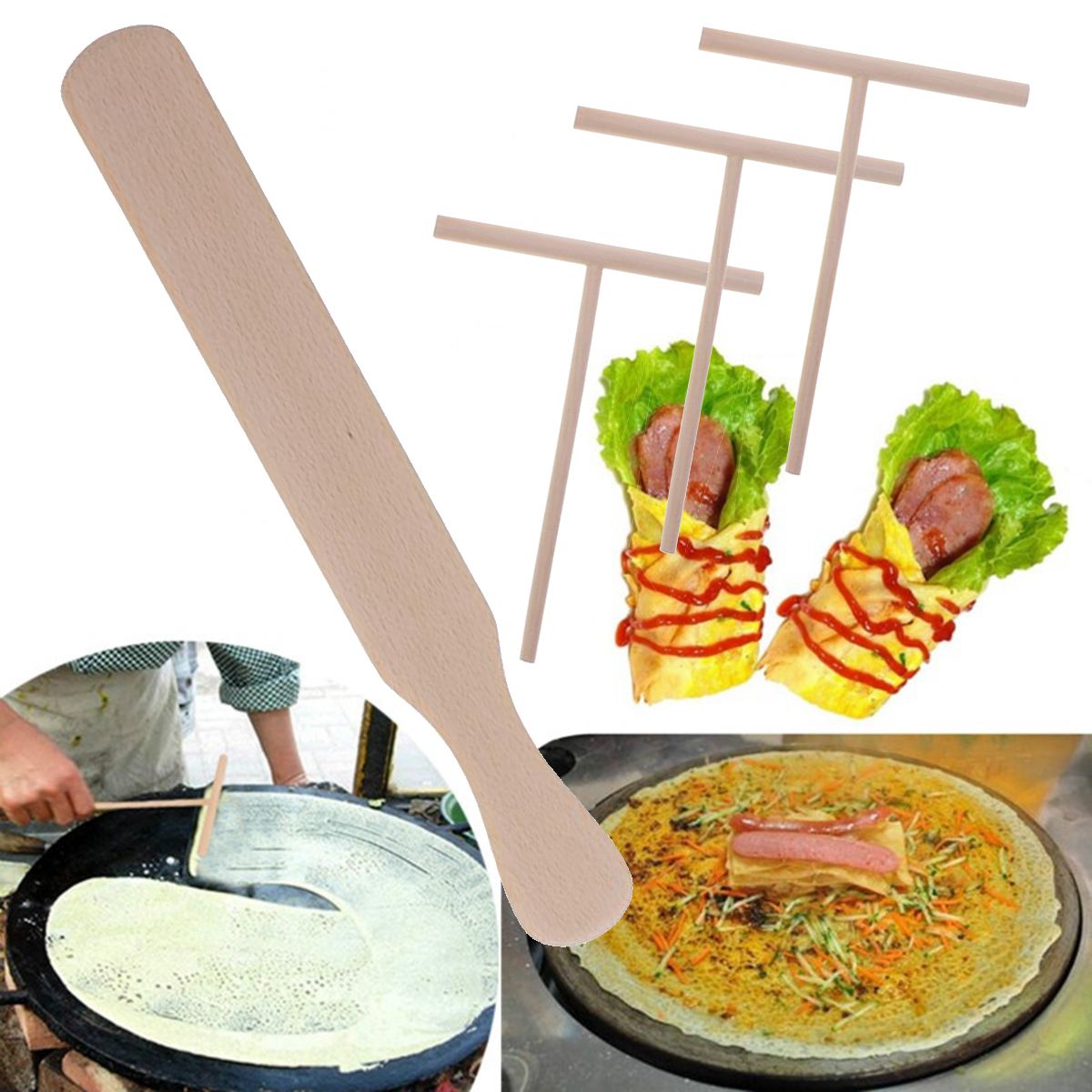 2x Wooden Rake Round Batter Pancake Crepe Spreader Home Kitchen Tool DIY Tools G 
