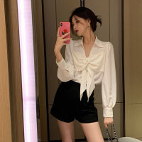 Spot parcel post2022 Spring New Design Sense Chic Bow Top Women v Collar Puff Sleeve Elegant White Shirt Shirt