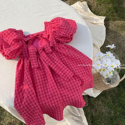 Summer Rose Pink Plaid Bow Dress Elegant Lolita Child Big Girls Midi Dress Children Dresses For Teens Party Princess Sundress