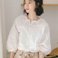 COD DSFERTRETRE Chic Embroidery Lace Blouse Women Tops 2021 Summer Cutout Vintage French Square collar Causal White Shirt WomenB