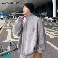 MAYCHEER แจ็คเก็ตถักชายอเมริกาแบบย้อนยุคแจ็คเก็ตคาร์ดิแกนถักคอตั้งพรีเมี่ยม