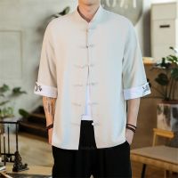 、’】【= Summer Crane Embroidery Top Traditional Chinese Clothing For Men Vintage Half Sleeve Linen Shirts Madarin Collar Hanfu Kungfu