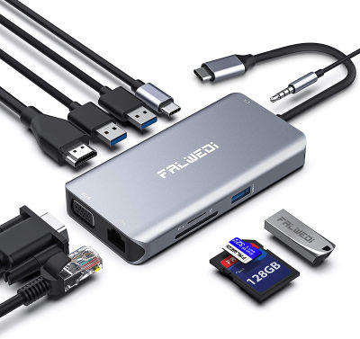 ฮับ USB C, อะแดปเตอร์ Type C, ดองเกิล Falwedi 10-in-1 พร้อมอีเธอร์เน็ต, 4K 30Hz HDMI, VGA, 3 USB3.0, เครื่องอ่านการ์ด SD / TF, ไมค์ / เสียง, USB-C PD 3.0, ใช้งานร่วมกับ MacBook Air Pro และแล็ปท็อป Type C อื่น ๆ