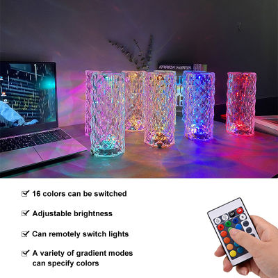Multicolor Diamond Rose Lamp USB Table Desk Night Light Acrylic Decorative Bedroom Bedside Bar Crystal Lighting Atmosphere Gift