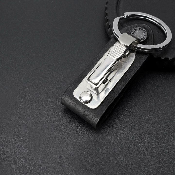พวงกุญแจห้อยแบบห่วงคล้องพวงกุญแจหนังแท้สายสแตนเลสถอดได้ที่ใส่กุญแจทันสมัย