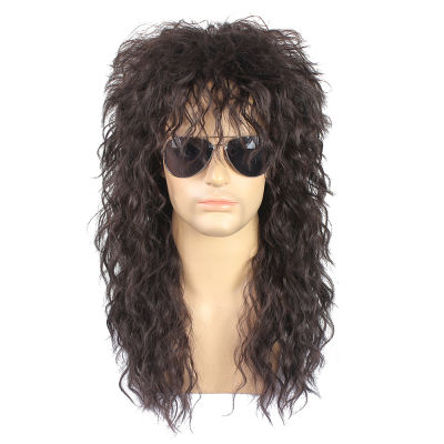 Gres Punk Fluffy Long Curly Wigs For Men Dark Brown Male Wig High Temperature Fiber Rock Cosplay Costume Party Synthetic Hair ~