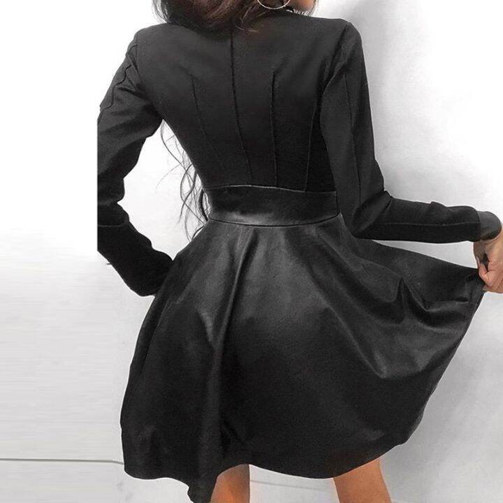 turtleneck-short-sleeve-fit-and-flare-dress-zipper-pockets-pu-leather-dress-women-sexy-lace-mesh-sleeve-patchwork-party-dress