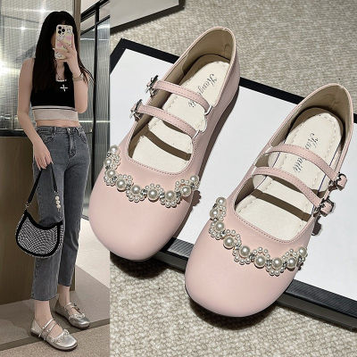 French Round Head Pearl Mary Jane Single Shoes Womens 2023 Spring and Autumn New Fashion Buckle with Skirt Single Shoes
