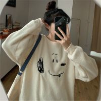 Autumn Winter Harajuku Lamb Wool Shirt Women Hooded 2022 New Loose Korean Plus Velvet Thick Coat Uni Kawaii Print Sweatshirt