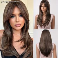 LOUIS FERRE Long Brown Layered Synthetic Wigs With Bangs Caramel Brown Straight Wig Mixed Blonde Highlights Heat Resistant Fibre [ Hot sell ] tool center