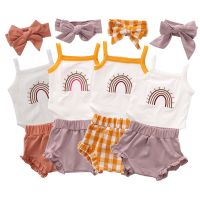 0-24M Cute Newborn Baby Boys Girls Summer Cotton Clothes Kids Infant Sleeveless Rainbow Print Rompers Ruffles Shorts Headband