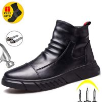 HOT11★Genuine Leather Mens Boots Safety Shoes Men Chelsea Boots Steel Toe Shoes Work Sneakers Indestructible Shoes Security Boots