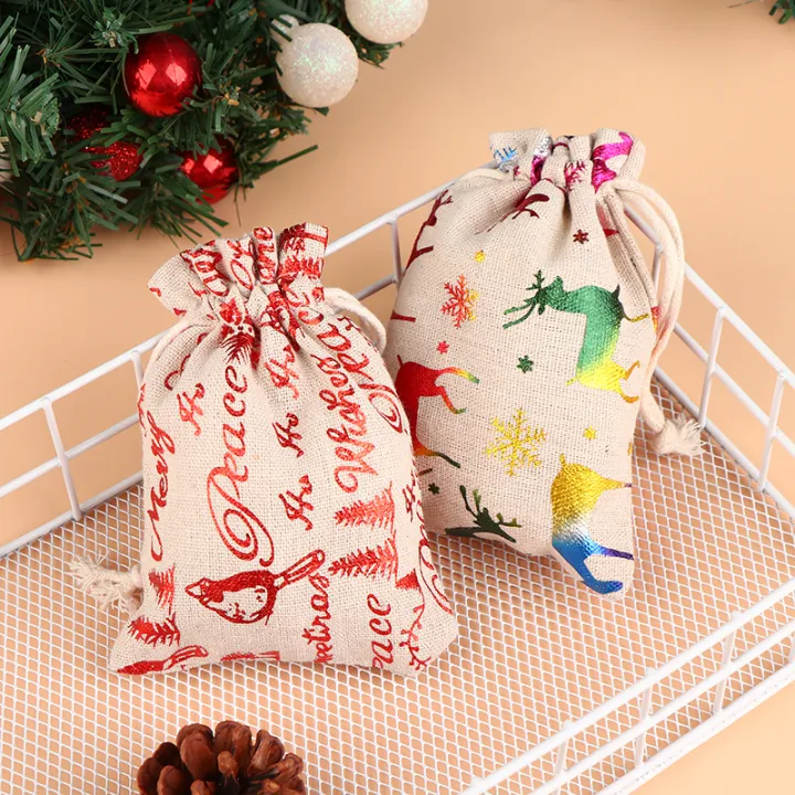 zhongloul-1ชิ้นถุงของขวัญคริสต์มาสผ้าลินินถุงหูรูดขนาด10x14ซม-ถุงบรรจุภัณฑ์ใส่ลูกกวาดสำหรับงานเลี้ยงคริสต์มาสอุปกรณ์จัดเก็บปีใหม่