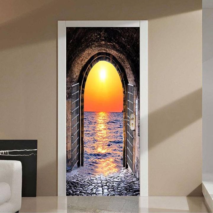 Custom Door Sticker 3D Sunset Seaside Landscape Wallpaper Modern Tunnel