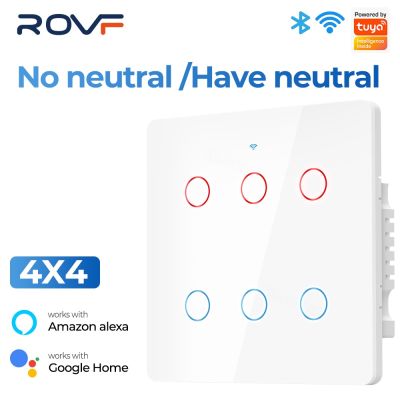 Tuya WiFi Smart Light Switch No Neutral Wire  4x4 6 Gang Touch Wall 110-240V Screen Panel APP Voice Work With Alexa Google Home