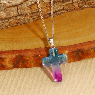 Hip Hop Punk Cross Shape Opal Quartz Lava Natural Stone Pendant Necklace Stainless Steel Chain For Women Men Jewelry Gift