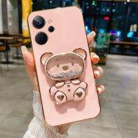 เคสสำหรับ Realme 9i 5G เคสขาตั้งหมุนได้กระจกรูปหมีทรายเหลวน่ารักกล่องโลหะชุบหรูหราโทรศัพท์มือถือซิลิโคนนิ่มกันกระแทกฝาครอบด้านหลัง