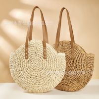 Summer net red same style large-capacity simple round straw woven hollow handbag retro pastoral style shopping bag 〖WYUE〗