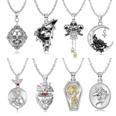 JIUHAO 925 Sterling Silver Rose Flower Coffin Unicorn Split Heart Pendant Necklace Luxury Jewelry Necklace Chains Accessories