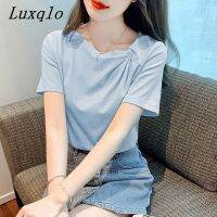 Luxqlo เสื้อแขนสั้นเสื้อยืดผู้หญิงลำลองทรงหลวมคอกลมสไตล์เกาหลีสำหรับฤดูร้อน