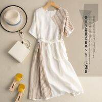 [COD] Cotton mid-length dress womens striped stitching literary retro long summer new tie-up waist