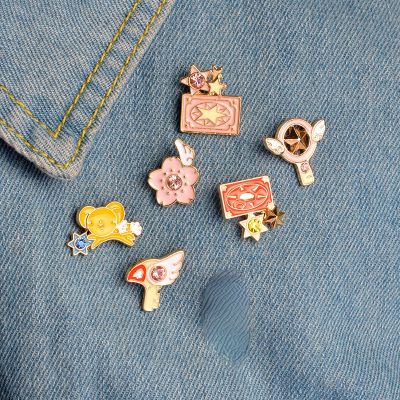 Wholesale 6pcs/set Pink Card Kinomoto Star Wand Enamel Pin Lapel Badge Anime Collection