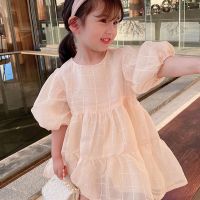 【Ladies shop】 Summer GirlsSweet NewPlaidColor Puff SleeveDress BabyClothes Children 39;S Clothing