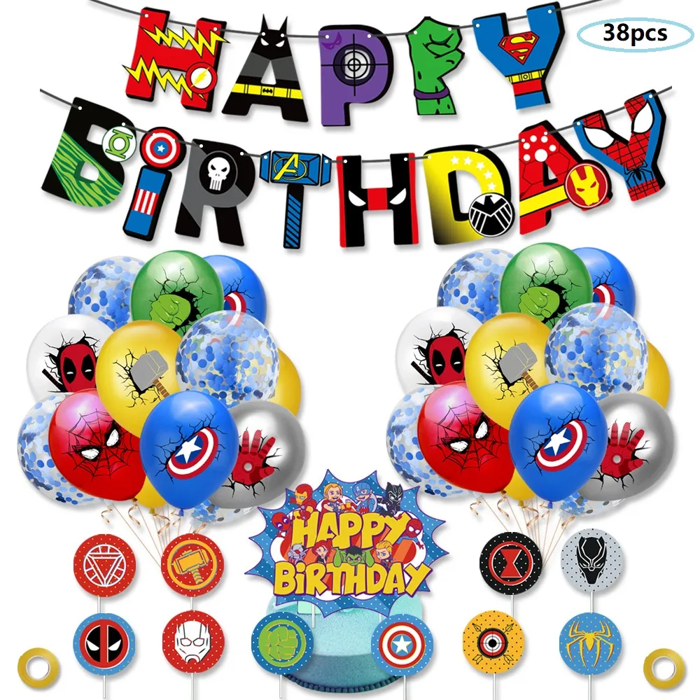 Toystoryshop 38pcs Set Avengers Superhero Theme Balloon For Happy Birthday Party Decoration Set Toys For Kids Boys Spider Man Hulks Captain America Home Decor Party Supplies Balloons Anniversaire Cupcake Topper Gift For Kids