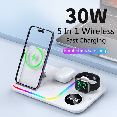 30W 5 In 1 Wireless Charger Stand นาฬิกาปลุก Light Fast Charging Station Dock สำหรับ 14 13 12 Samsung Galaxy Watch