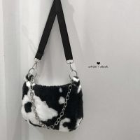 ZZOOI Vintage Cow Pattern Armpit Bag for Women fashion Faux Fur Ladies Chain Small Shoulder Crossbody Bags Soft Plush Girls Handbags