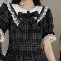 Summer Japanese Cute Doll Collar Bow Waist Plaid Dress Female Lace Stitching Student Princess Dress