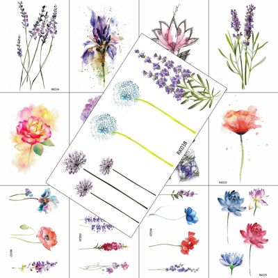 Watercolor Flower Temporary Tattoos Lavender Dandelion Sticker Fake Waterproof Tattoo Decal For Women Body Art Legs Sheet Tatoos