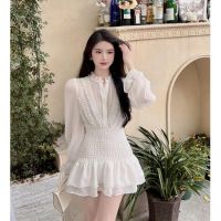 New white long-sleeved chiffon dress elegant pleated design one-piece dress waist-tight A- line fairy short skirt