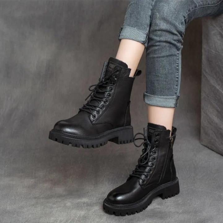 รองเท้าบูท-martin-สำหรับผู้หญิง-sepatu-boot-pendek-สไตล์อังกฤษรองเท้าหนังสีดำลูกไม้รองเท้าบูทอัศวินรองเท้าส้นตึก