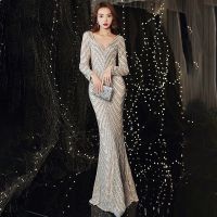 2022 Evening Dresses Lace V-Neck Full Sleeves Sequins Elegant Mermaid Floor-length Simple New Plus size Women Formal Party Dress