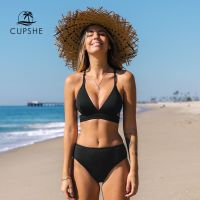 Back Lace Up Mid Waist Bikini Sets Swimsuit For Women Black Sexy V-Neck Two Pieces Beachwear 2023 Bathing Suit Swimwear